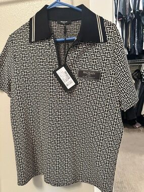 Balmain Black & White Geometric Polo Shirt